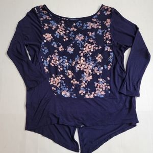 Lucky Brand Navy Blue Women's Tunic with Pink Floral Print 3/4 Sleeves Size S